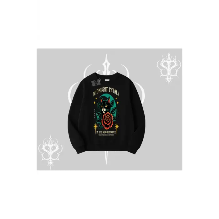 Midnight Petals Kedi Baskılı Biskilet Sweatshirt