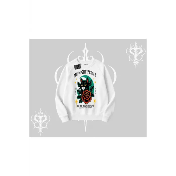 Midnight Petals Kedi Baskılı Biskilet Sweatshirt