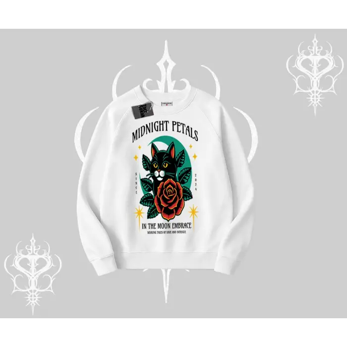 Midnight Petals Kedi Baskılı Biskilet Sweatshirt