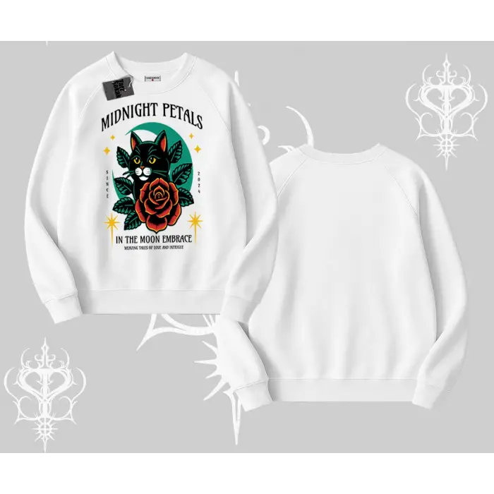 Midnight Petals Kedi Baskılı Biskilet Sweatshirt