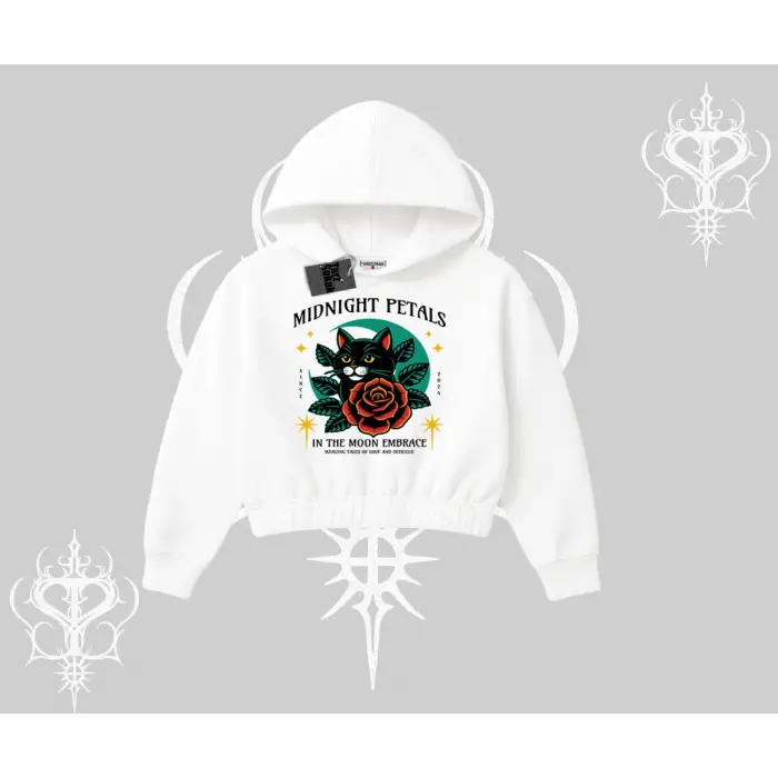 Midnight Petals Kedi Baskılı Kapşonlu Crop Sweatshirt