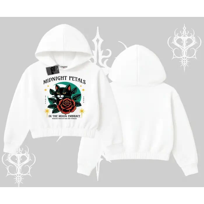 Midnight Petals Kedi Baskılı Kapşonlu Crop Sweatshirt