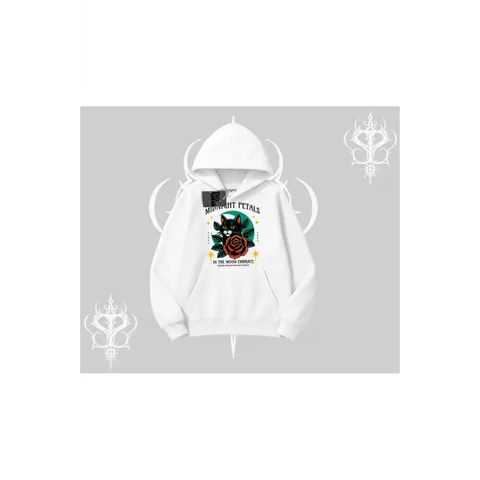 Midnight Petals Kedi Baskılı Kapşonlu Sweatshirt
