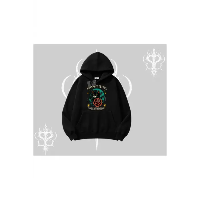 Midnight Petals Kedi Baskılı Kapşonlu Sweatshirt