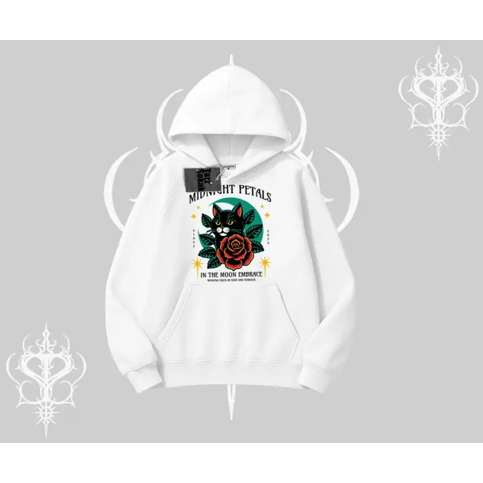 Midnight Petals Kedi Baskılı Kapşonlu Sweatshirt