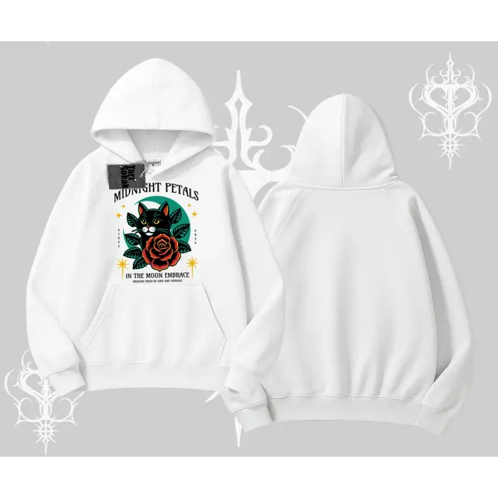 Midnight Petals Kedi Baskılı Kapşonlu Sweatshirt