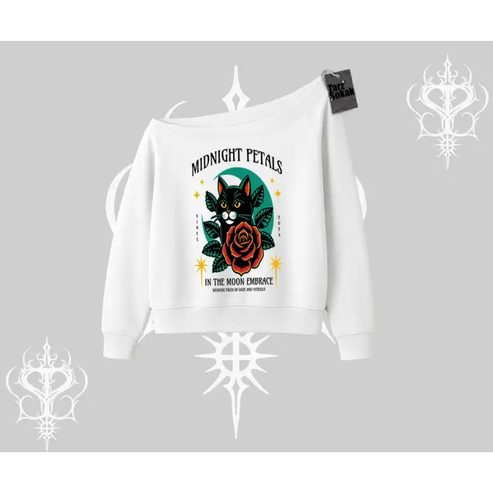 Midnight Petals Kedi Baskılı Kayık Yaka Sweatshirt
