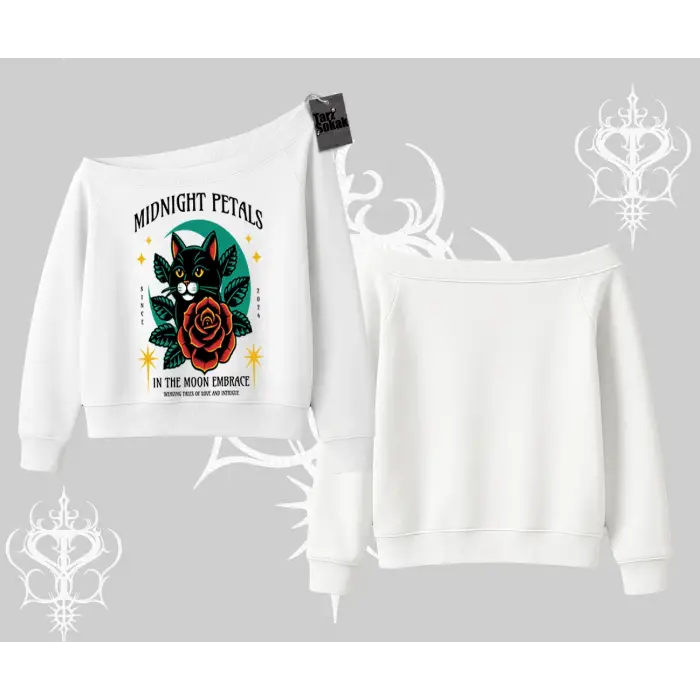 Midnight Petals Kedi Baskılı Kayık Yaka Sweatshirt