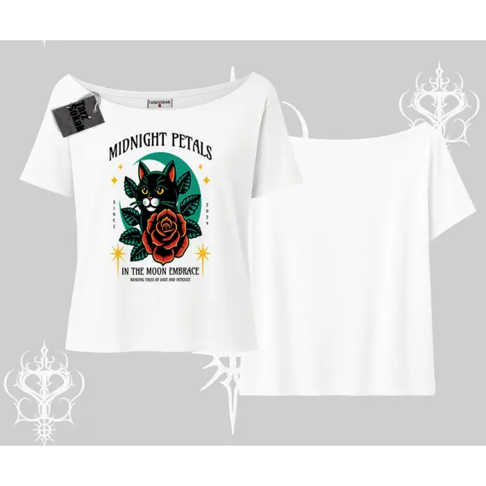 Midnight Petals Kedi Baskılı Kayık Yaka Tshirt
