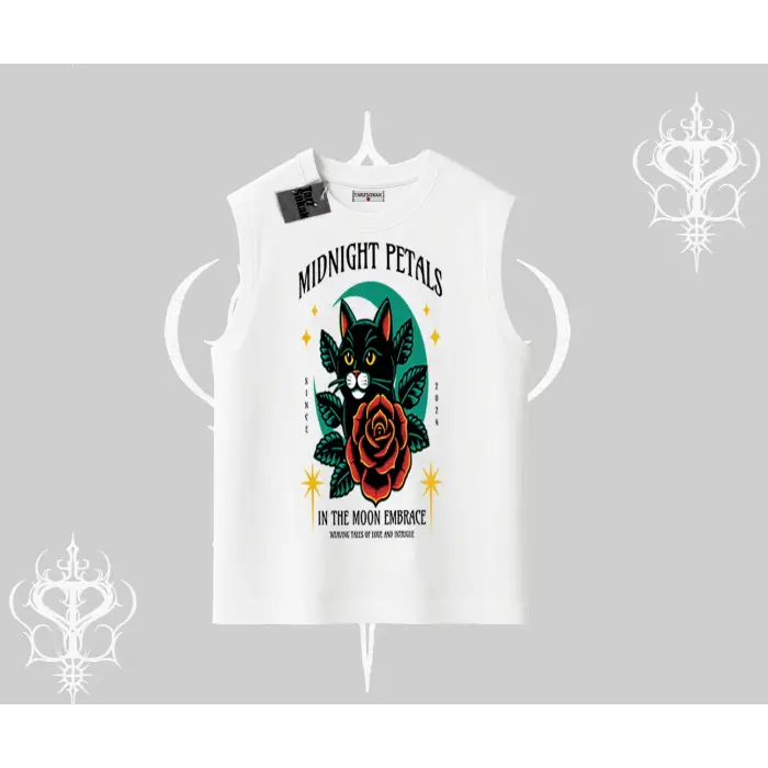 Midnight Petals Kedi Baskılı Kolsuz Tshirt