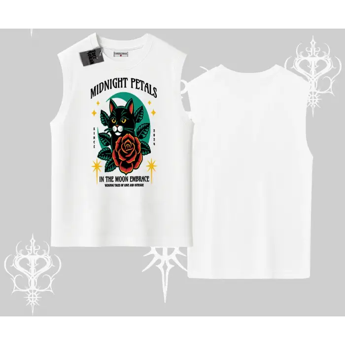 Midnight Petals Kedi Baskılı Kolsuz Tshirt