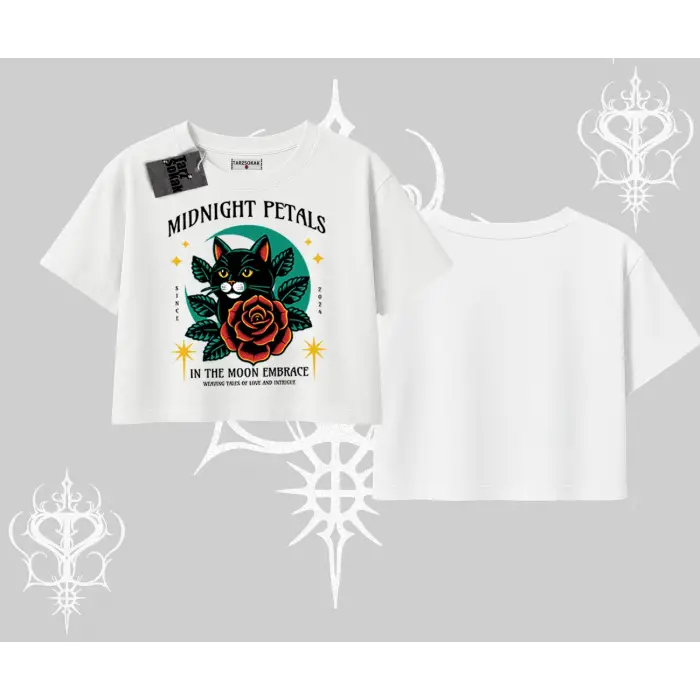 Midnight Petals Kedi Baskılı Oversize Crop Tshirt