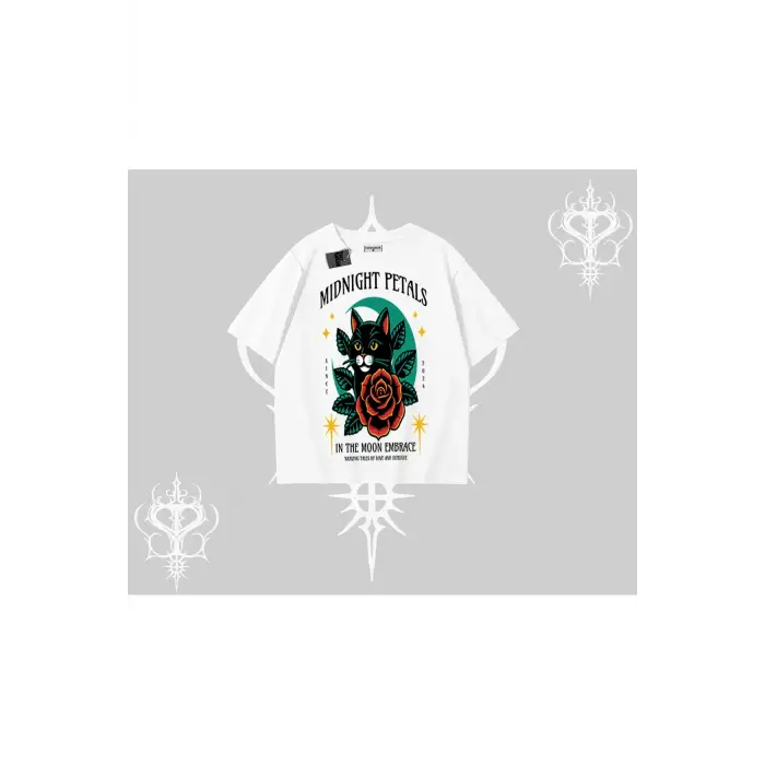 Midnight Petals Kedi Baskılı Oversize Tshirt
