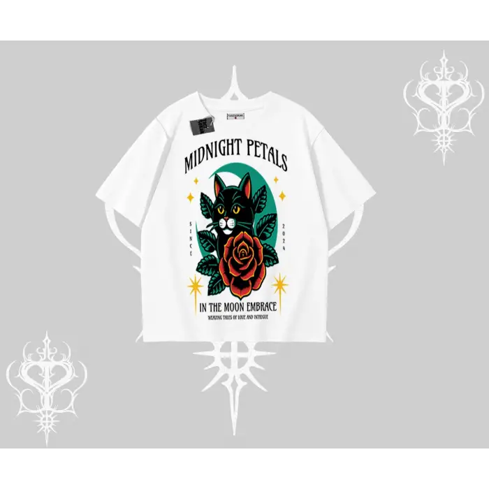Midnight Petals Kedi Baskılı Oversize Tshirt