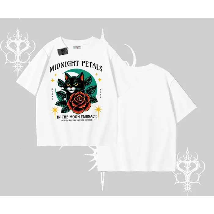 Midnight Petals Kedi Baskılı Oversize Tshirt
