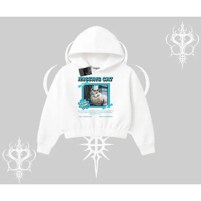 Missing Cat Baskılı Kapşonlu Crop Sweatshirt