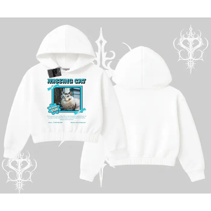 Missing Cat Baskılı Kapşonlu Crop Sweatshirt