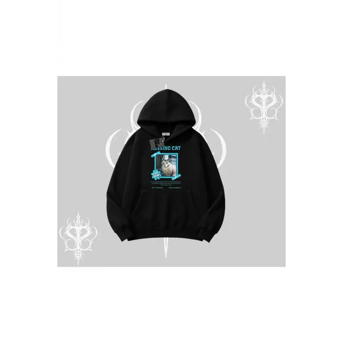 Missing Cat Baskılı Kapşonlu Sweatshirt