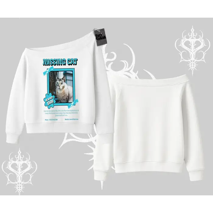 Missing Cat Baskılı Kayık Yaka Sweatshirt