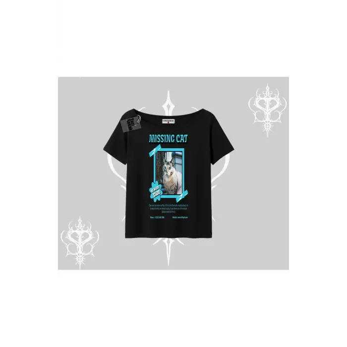 Missing Cat Baskılı Kayık Yaka Tshirt