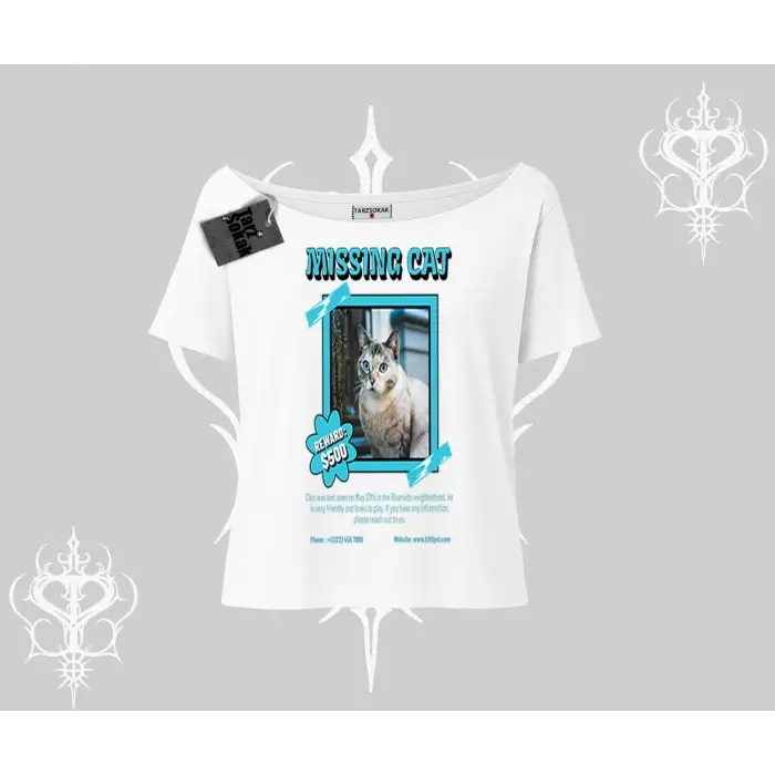 Missing Cat Baskılı Kayık Yaka Tshirt