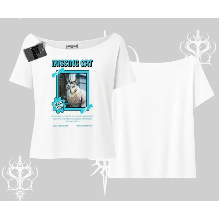 Missing Cat Baskılı Kayık Yaka Tshirt