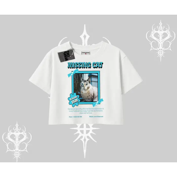 Missing Cat Baskılı Oversize Crop Tshirt
