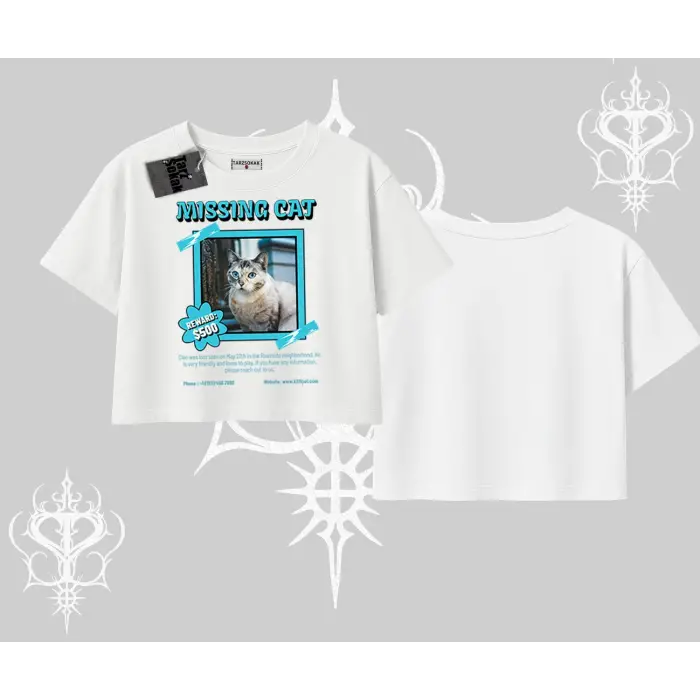 Missing Cat Baskılı Oversize Crop Tshirt