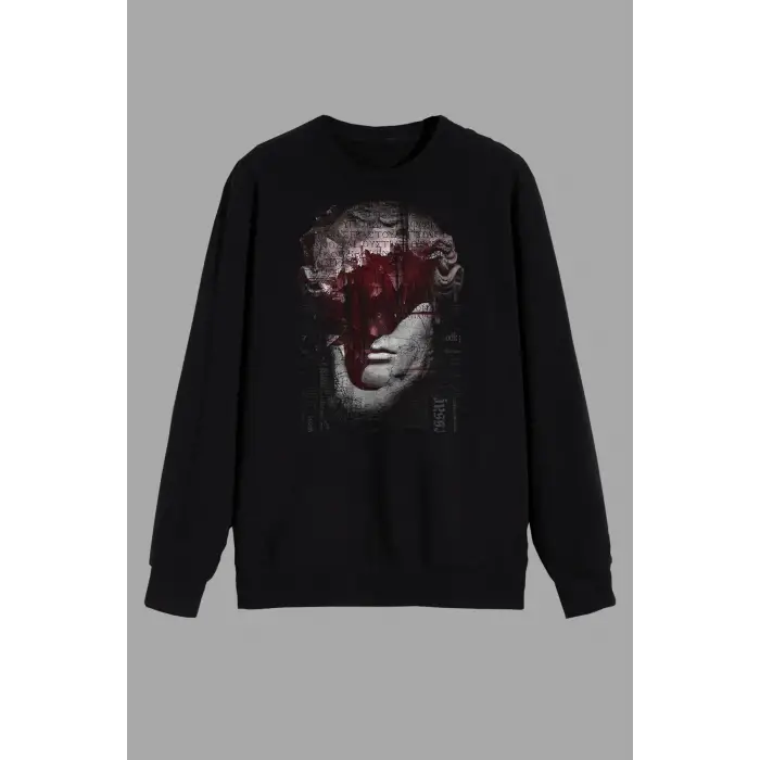 Mitoloji Renkli Heykel Baskılı Siyah Sweatshirt