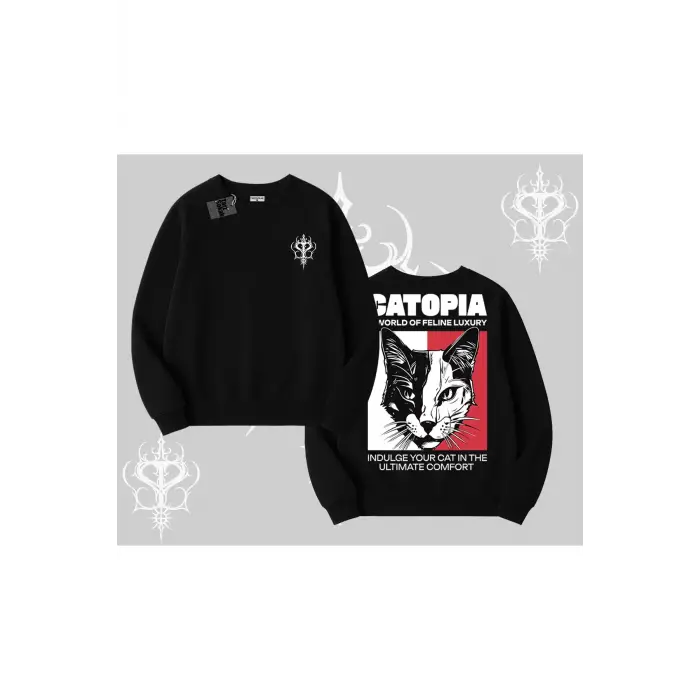 Modern Kedi Temalı Arka Baskılı Biskilet Sweatshirt