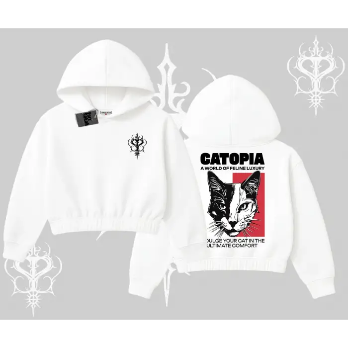 Modern Kedi Temalı Arka Baskılı Kapşonlu Crop Sweatshirt