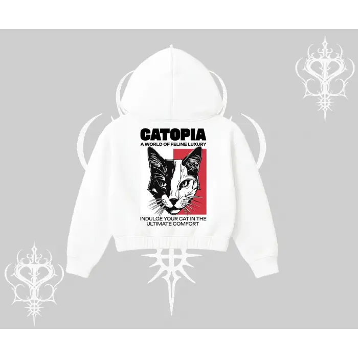 Modern Kedi Temalı Arka Baskılı Kapşonlu Crop Sweatshirt