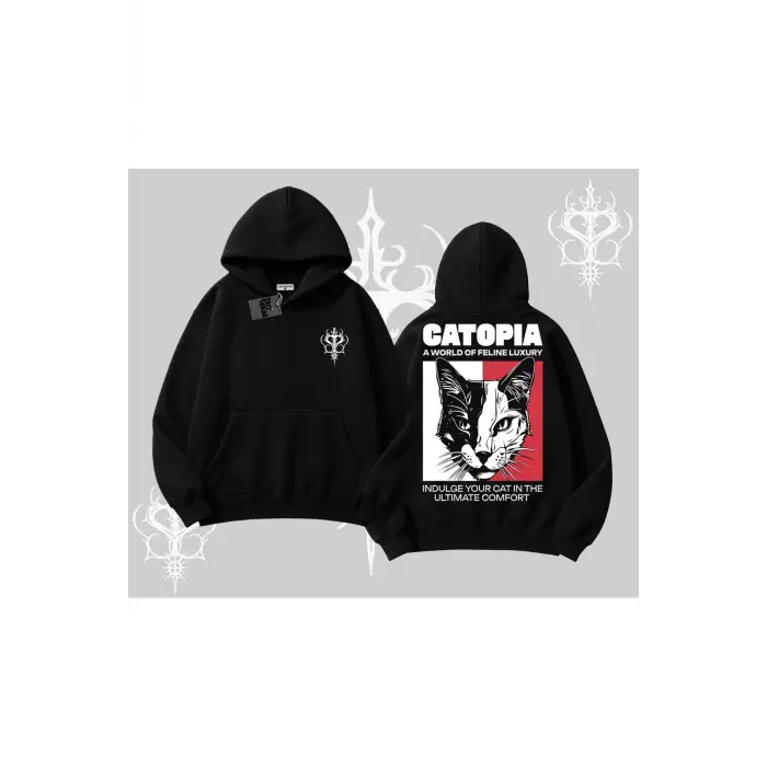 Modern Kedi Temalı Arka Baskılı Kapşonlu Sweatshirt