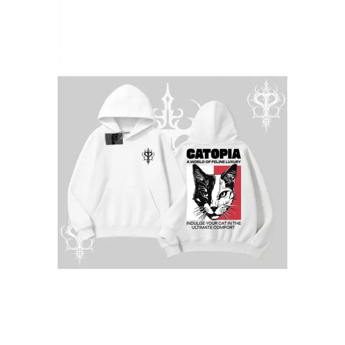 Modern Kedi Temalı Arka Baskılı Kapşonlu Sweatshirt
