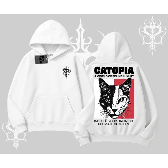 Modern Kedi Temalı Arka Baskılı Kapşonlu Sweatshirt