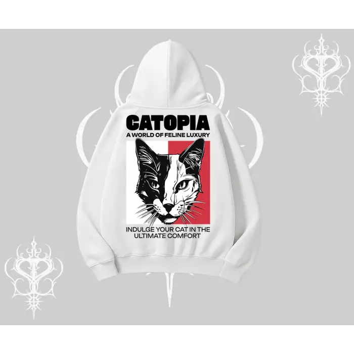 Modern Kedi Temalı Arka Baskılı Kapşonlu Sweatshirt