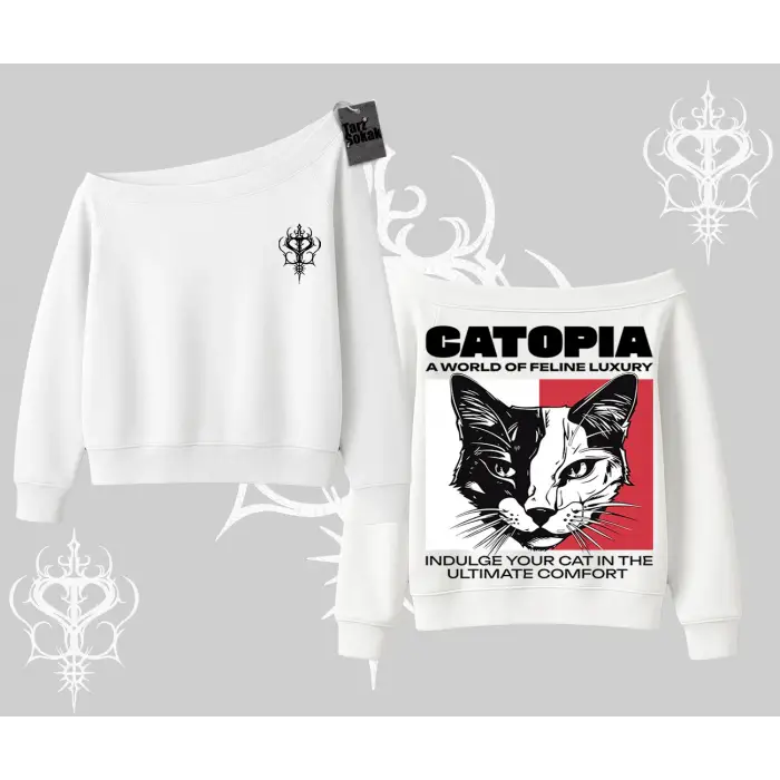 Modern Kedi Temalı Arka Baskılı Kayık Yaka Sweatshirt