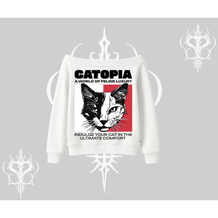 Modern Kedi Temalı Arka Baskılı Kayık Yaka Sweatshirt