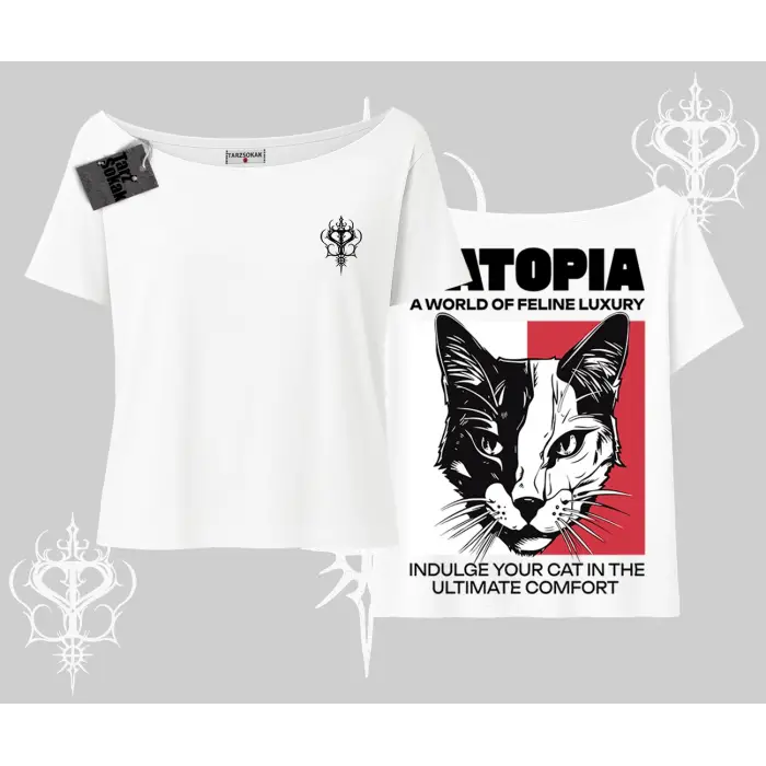 Modern Kedi Temalı Arka Baskılı Kayık Yaka Tshirt