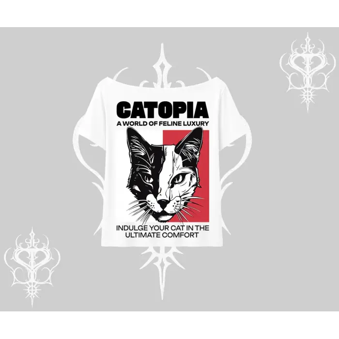 Modern Kedi Temalı Arka Baskılı Kayık Yaka Tshirt