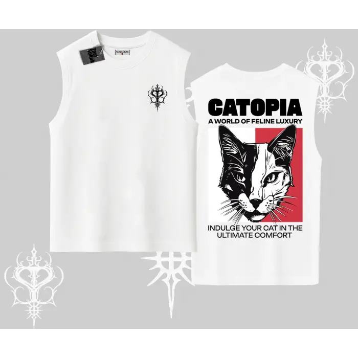 Modern Kedi Temalı Arka Baskılı Kolsuz Tshirt