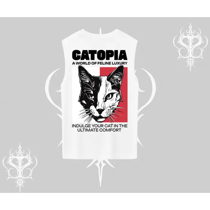 Modern Kedi Temalı Arka Baskılı Kolsuz Tshirt