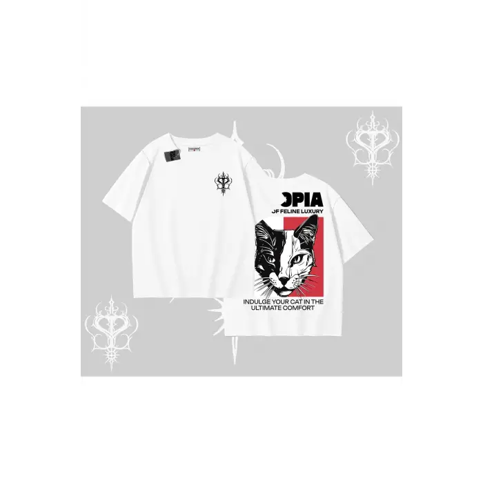 Modern Kedi Temalı Arka Baskılı Oversize Crop Tshirt