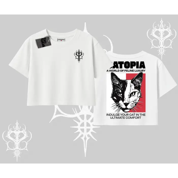 Modern Kedi Temalı Arka Baskılı Oversize Crop Tshirt