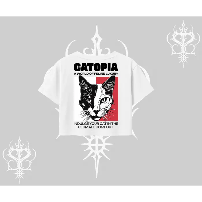 Modern Kedi Temalı Arka Baskılı Oversize Crop Tshirt