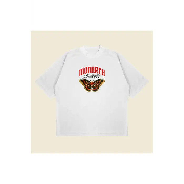 Monarch Butterfly Baskılı Oversize Unisex Pamuklu Nefes Alan Kalın Kumaşlı