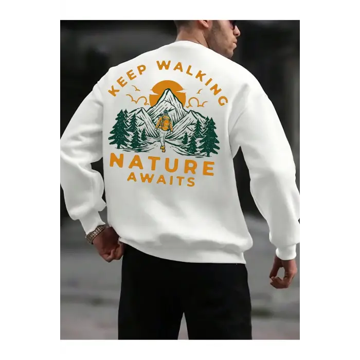 Mountain & Slogan Graphic Drop Shoulder Sweatshirt Beyaz
