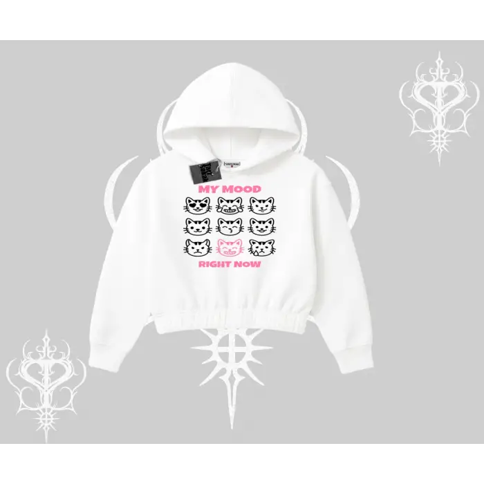My Mood Right Now Yazılı Sevimli Kedi Kapşonlu Crop Sweatshirt