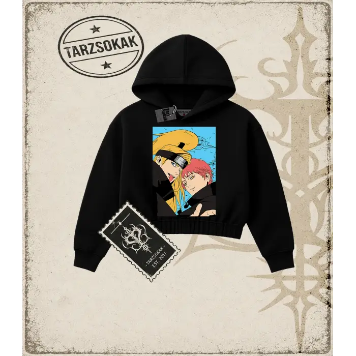 Naruto Anime Baskılı Kadın Crop Kapşonlu Sweatshirt