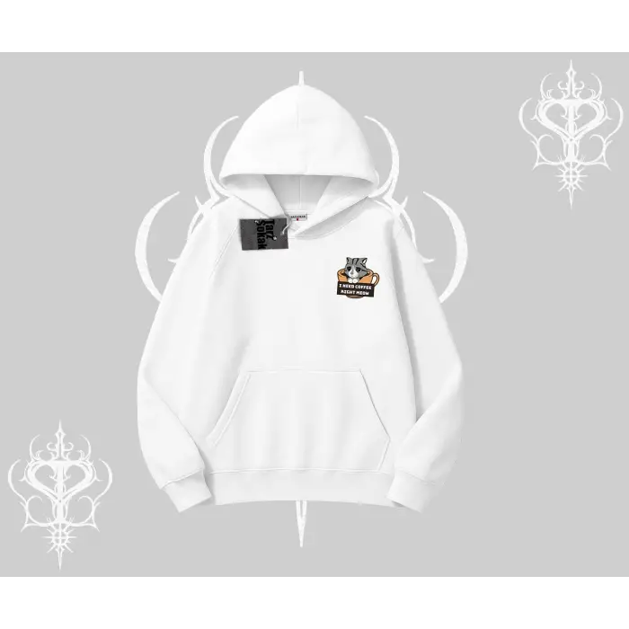 Need Coffee Right Meow Yazılı Kedi Baskılı Kapşonlu Sweatshirt